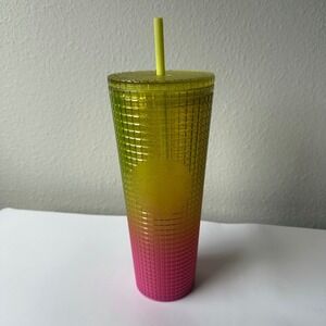 Starbucks Lemon Pink Gradient Ombre Grid Venti Cold Cup 24oz Tumbler Summer 2022